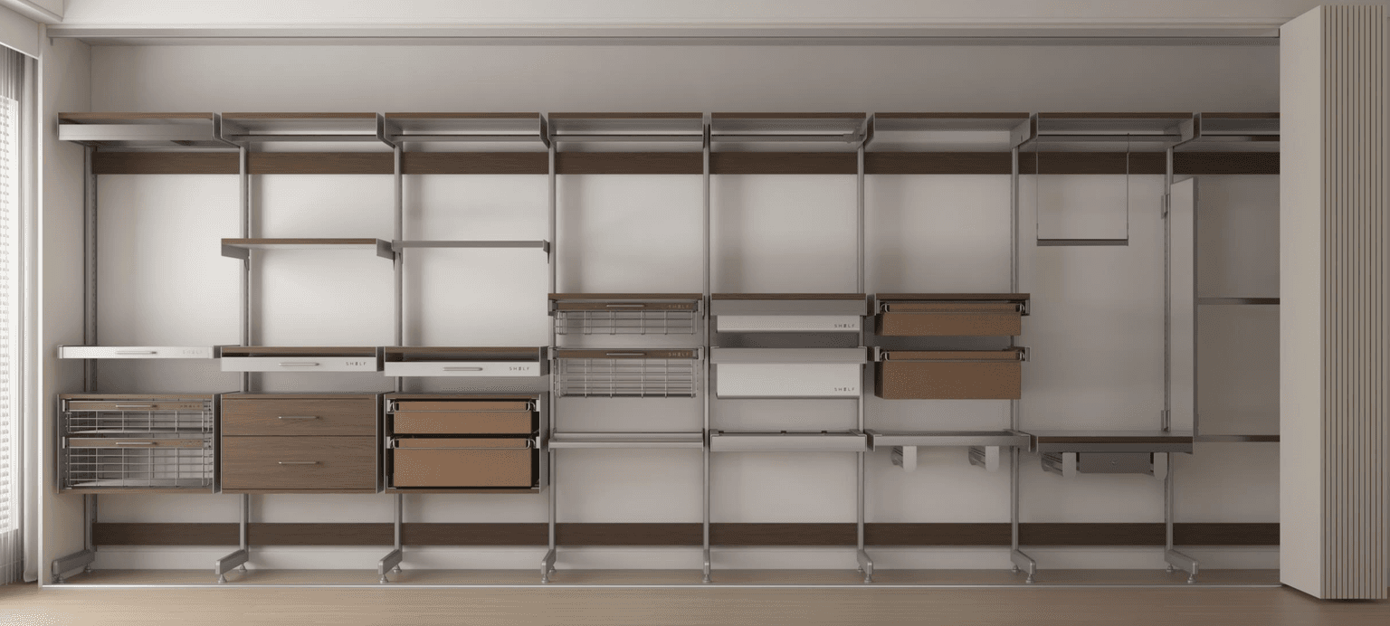 Shelf full accessory wardrobe layout with rails drawers baskets and shelves
